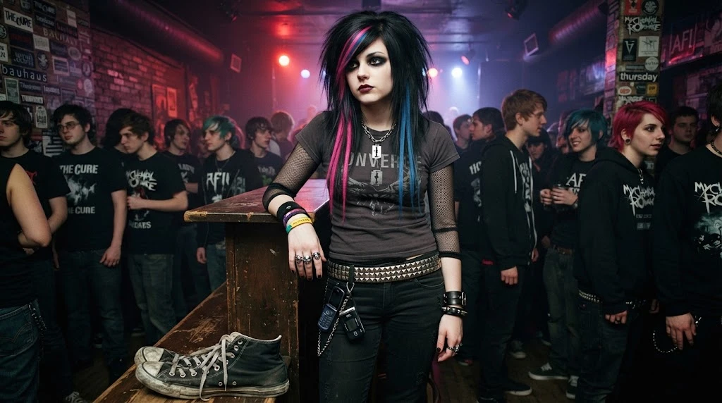 Emo-goth fashion with side-swept colored hair skinny jeans and band shirt