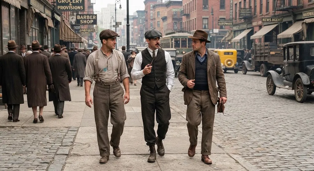 Men wearing everyday 1920s clothing with high-waisted trousers and hats
