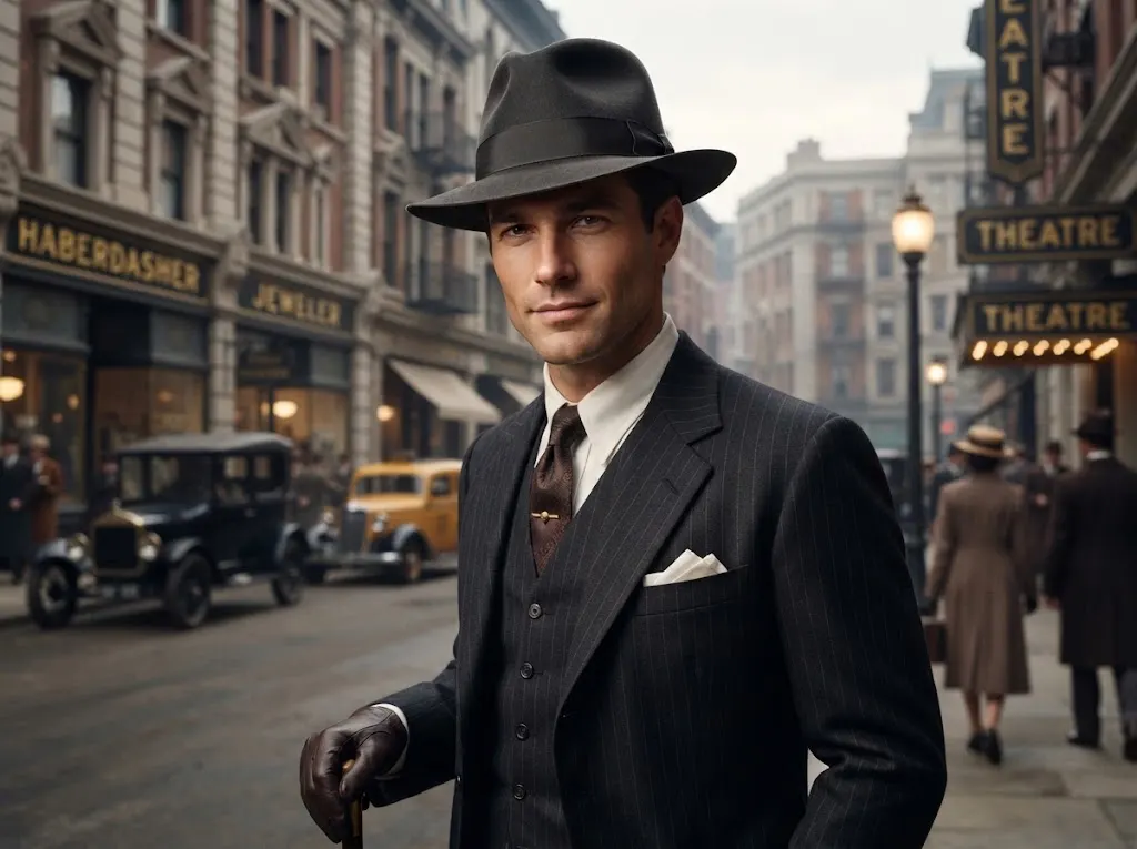 1920s man wearing a classic dark felt fedora