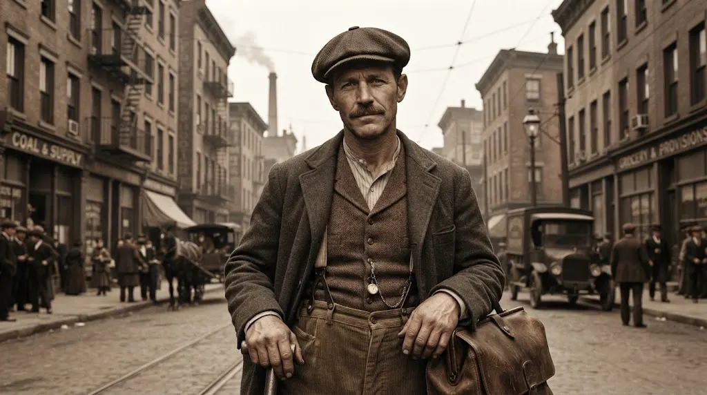 1920s working man wearing a traditional wool flat cap