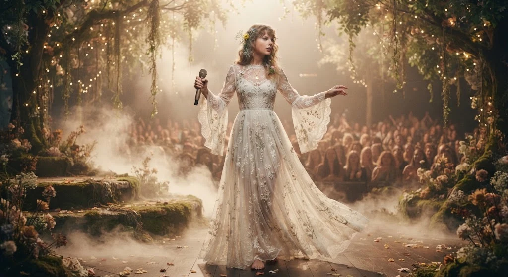 Flowing embroidered white cottagecore dress inspired by a dreamy concert era