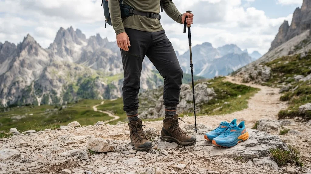 Hiking boots trail shoes and moisture-wicking hiking socks