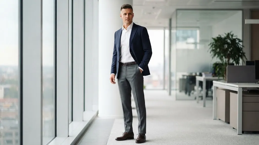 Tailored formal trousers worn with a shirt and blazer