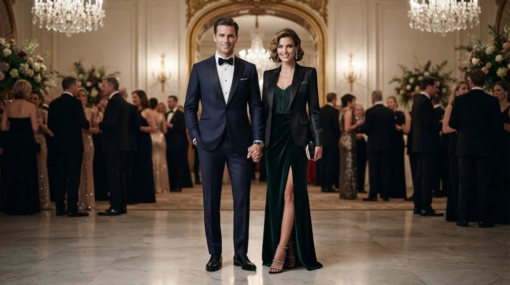 Formal clothing style with tailored suits and elegant dresses