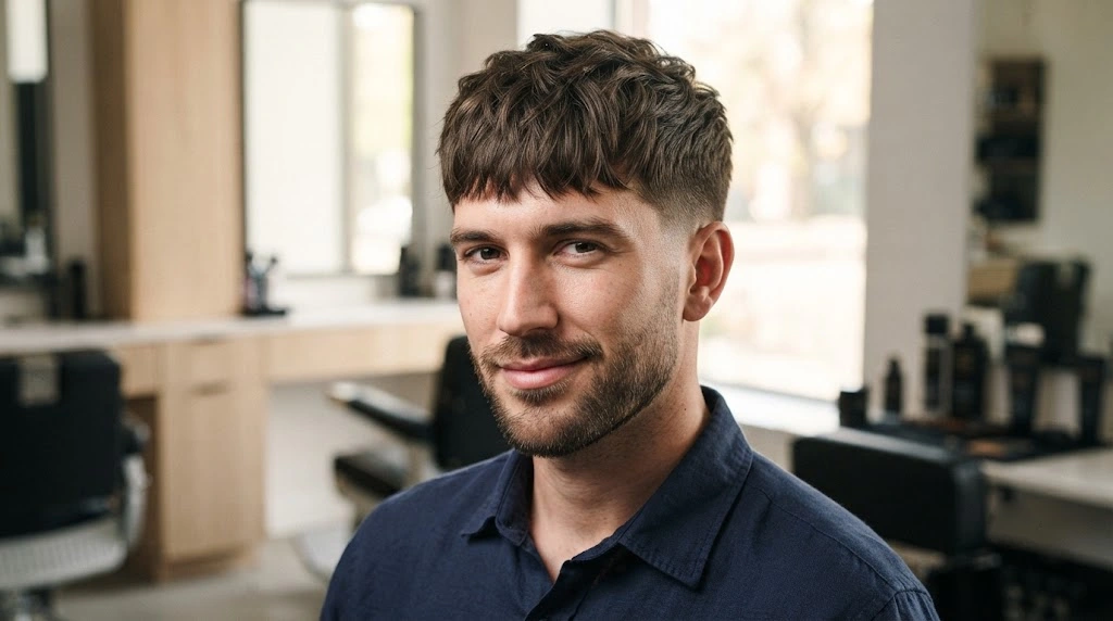 French crop haircut with textured fringe for an oblong face