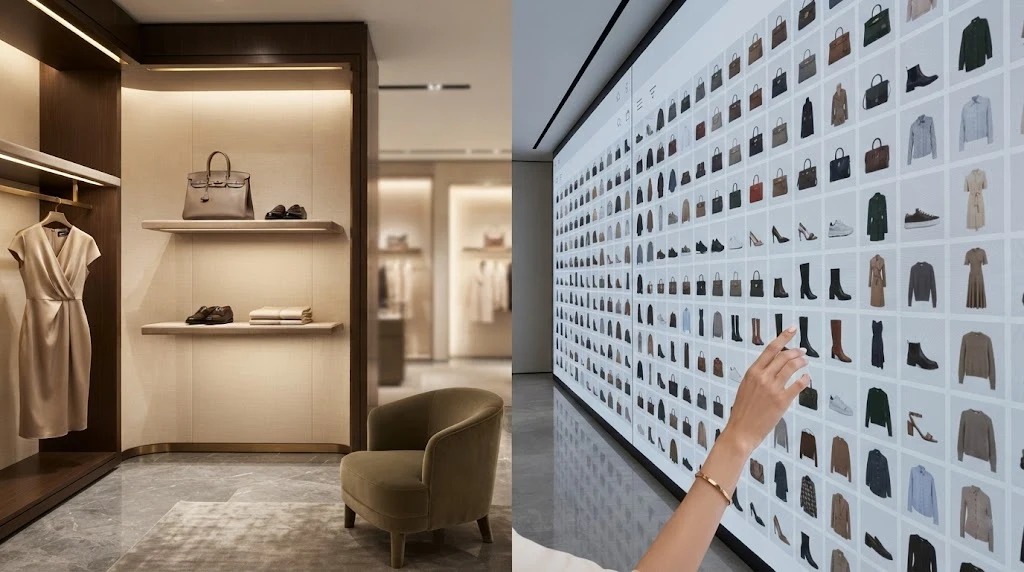 Contrast between traditional luxury boutique and modern online shopping