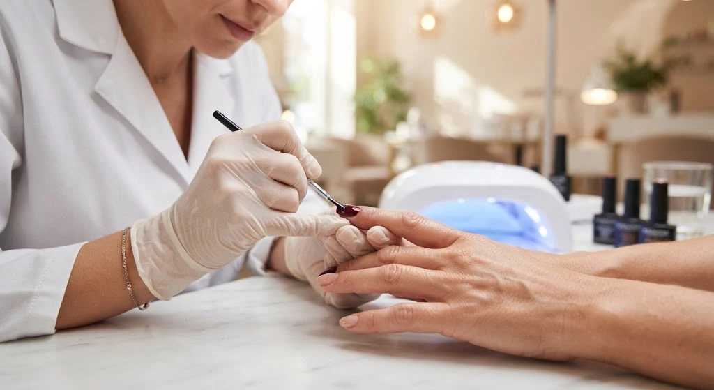 Gel manicure being applied in a professional nail salon