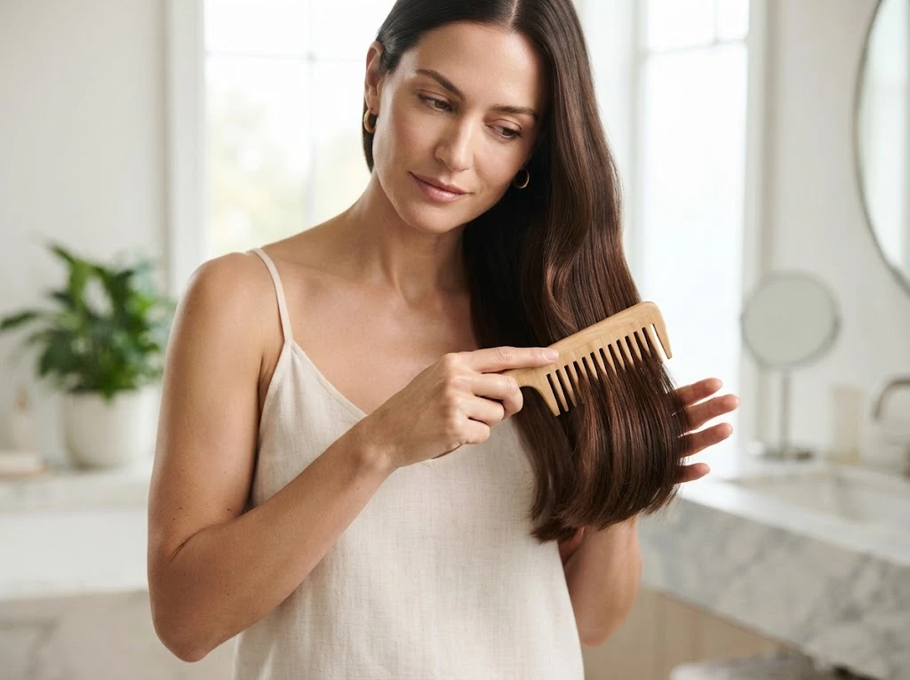 Woman gently detangling hair with a wide-tooth comb