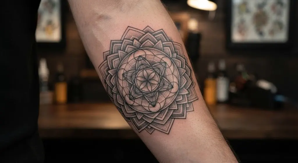 Geometric and dotwork tattoo design on forearm