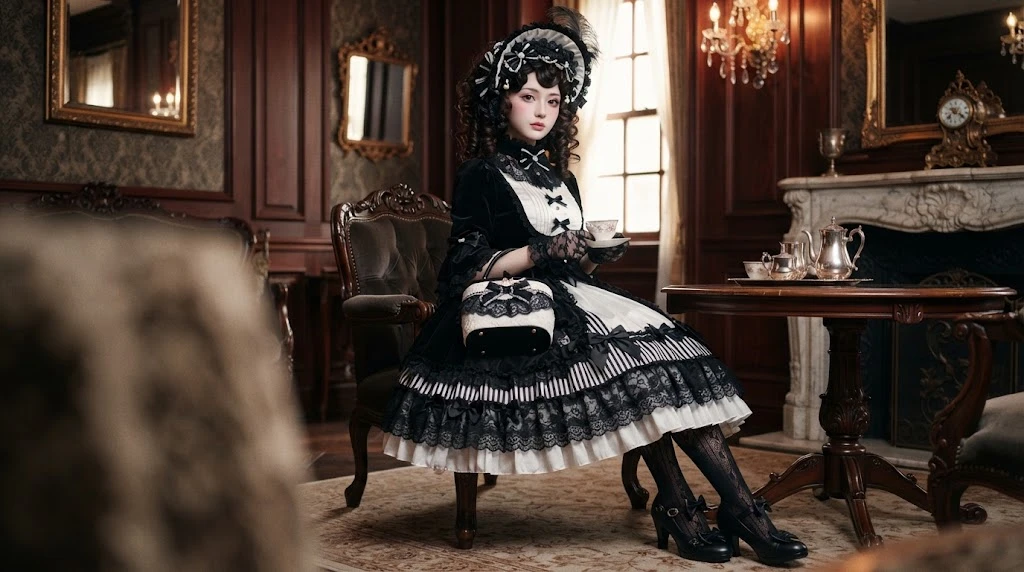 Gothic Lolita fashion with black and white lace dress and bonnet