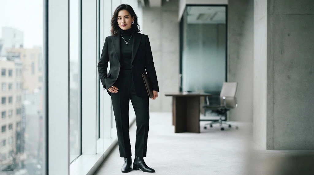 Gothic minimalist outfit with tailored black clothing and sleek boots
