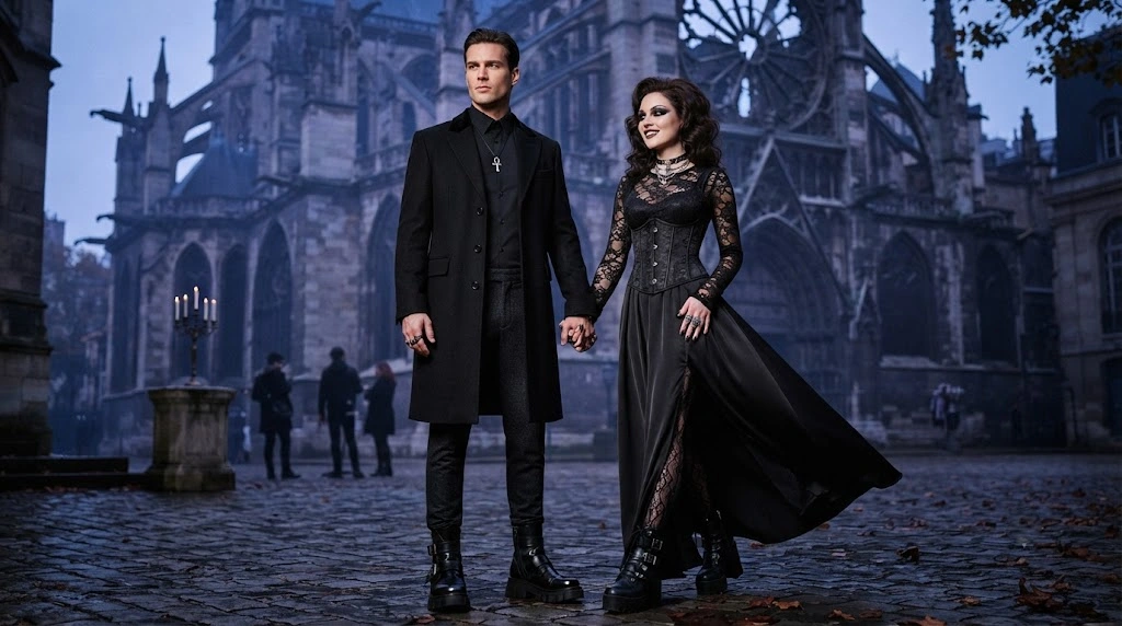 Gothic clothing style with black layers lace and boots