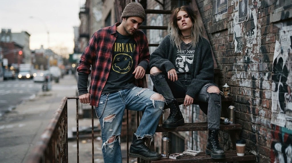 Grunge clothing style with flannel shirts distressed jeans and boots