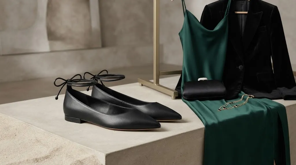 Pointed black Haruna flats with tie straps