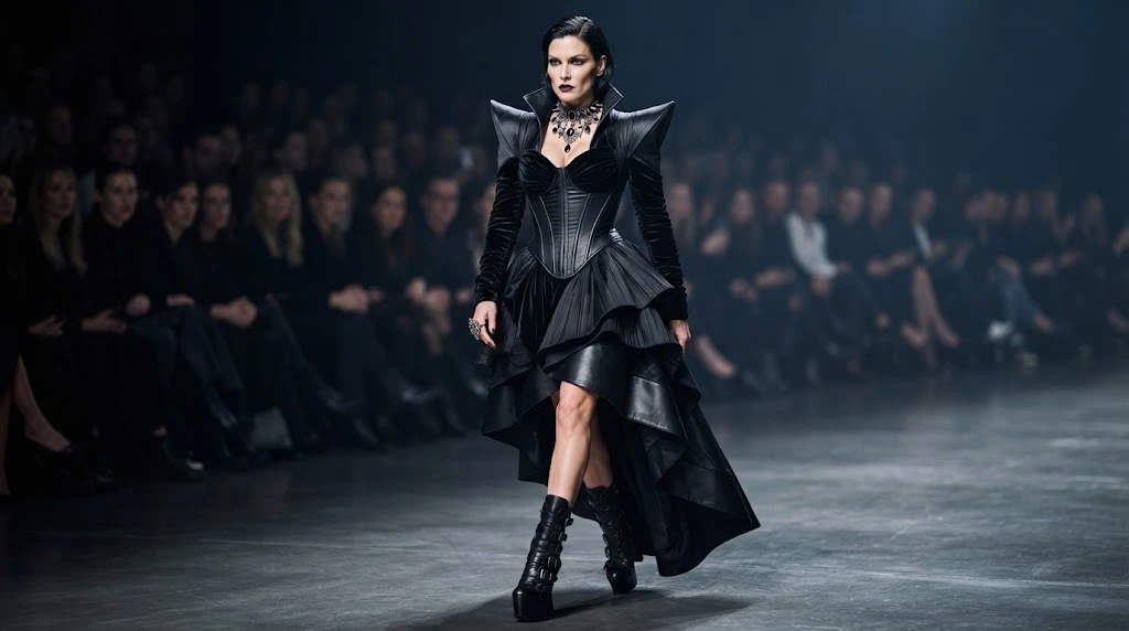Haute goth high-fashion outfit with dramatic black silhouette