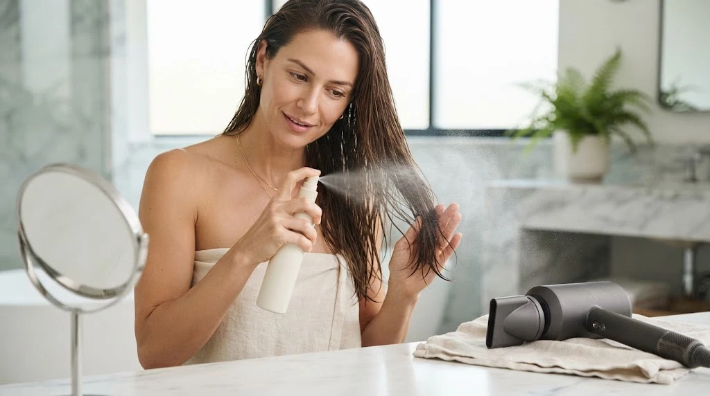 Woman applying heat protectant before blow drying hair