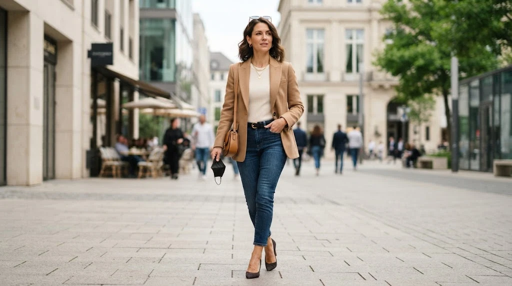 Woman wearing pointed heels with jeans and a blazer