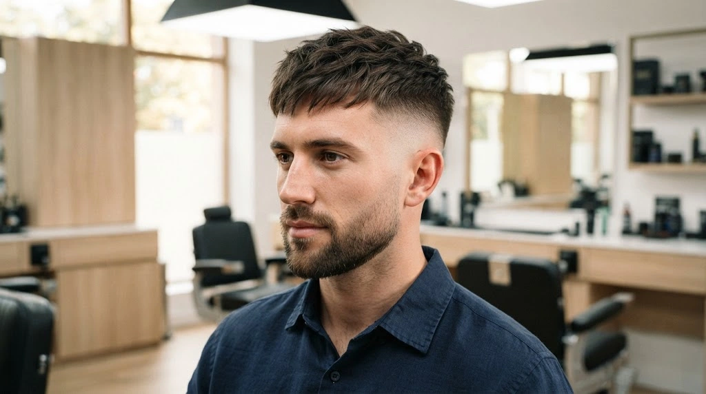 High fade with textured top on an oblong face