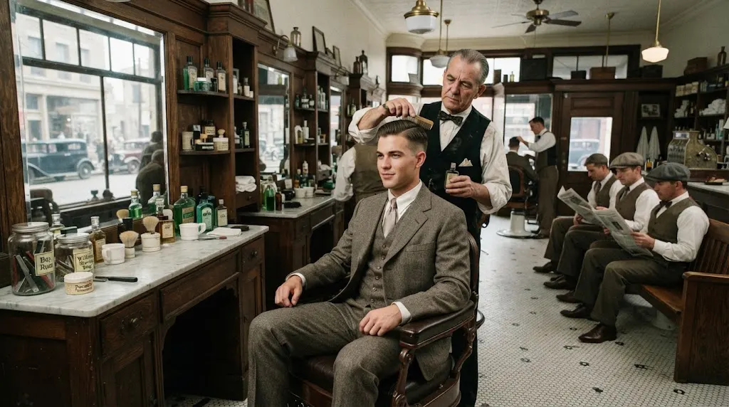Men getting traditional haircuts in a 1920s barbershop