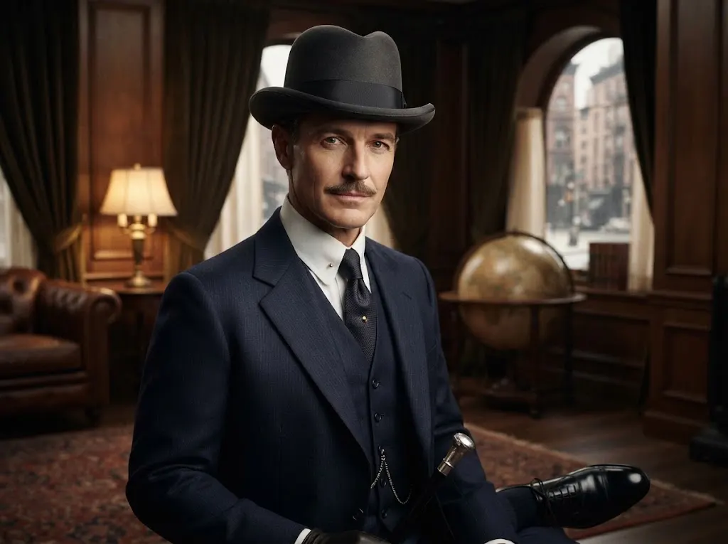 1920s gentleman wearing a formal felt homburg hat
