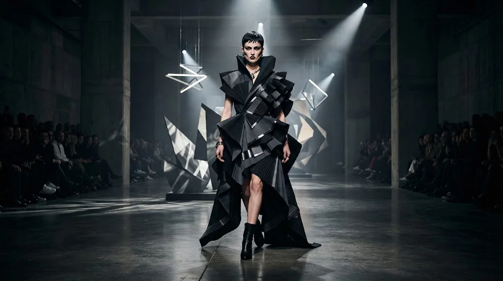 Avant-garde fashion runway presented as an artistic performance
