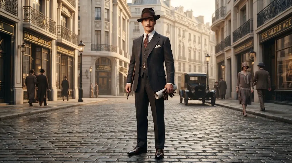 Complete 1920s men’s outfit with fedora suit and leather shoes