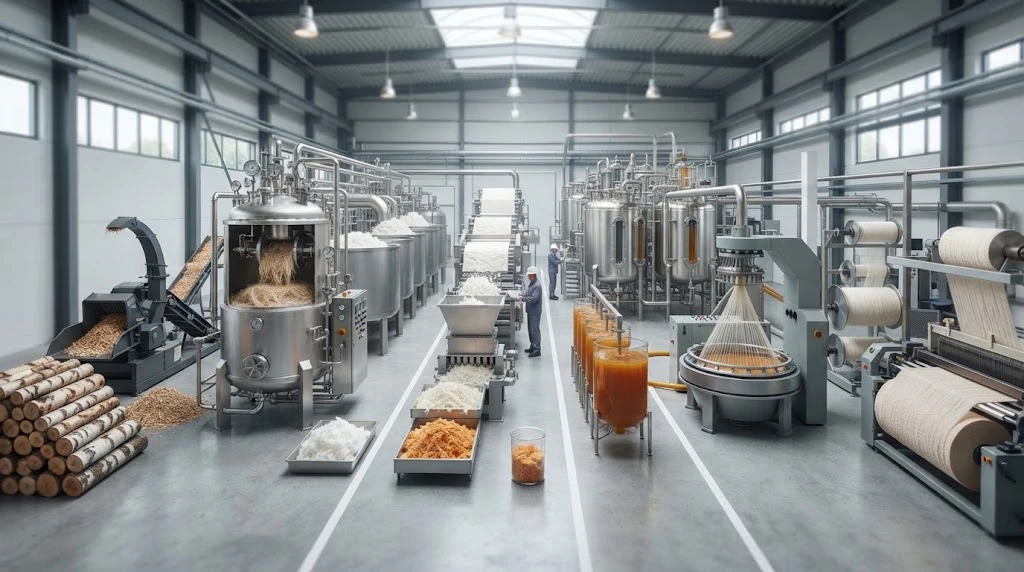 Viscose manufacturing process from wood pulp to regenerated textile fibers