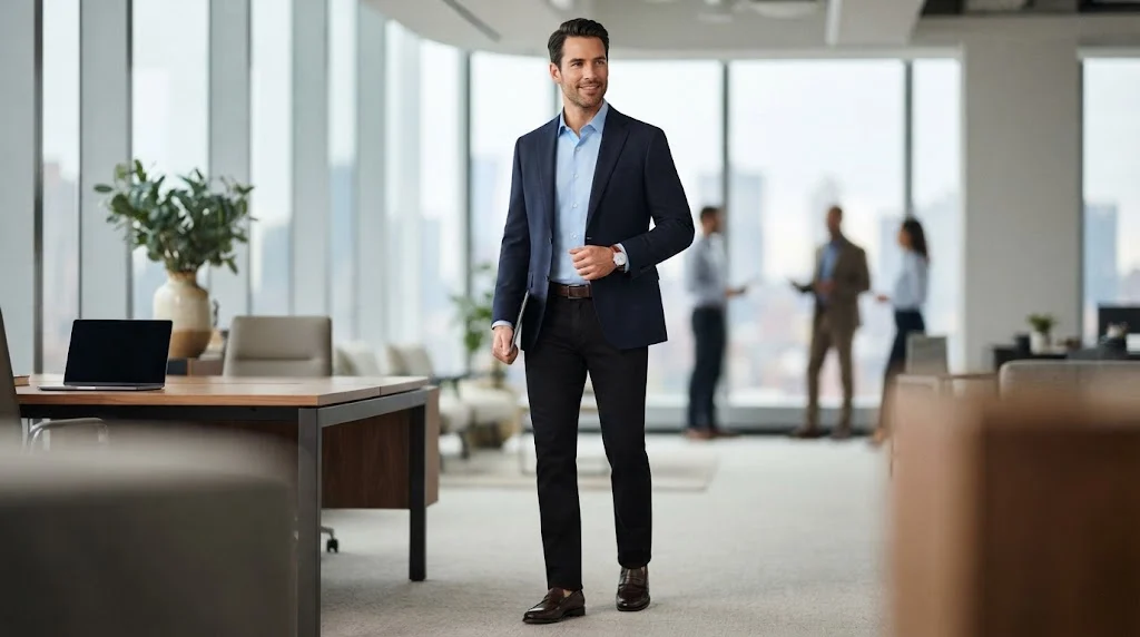 Man wearing black jeans with a blazer for business casual style