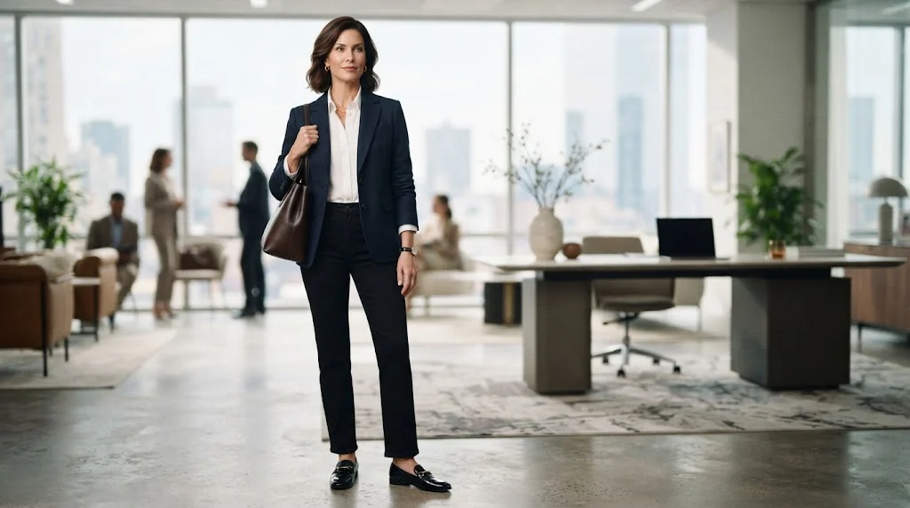 Woman styling black jeans with a blazer and blouse for work