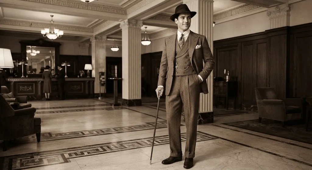 Complete 1920s men's suit with waistcoat tie and leather shoes
