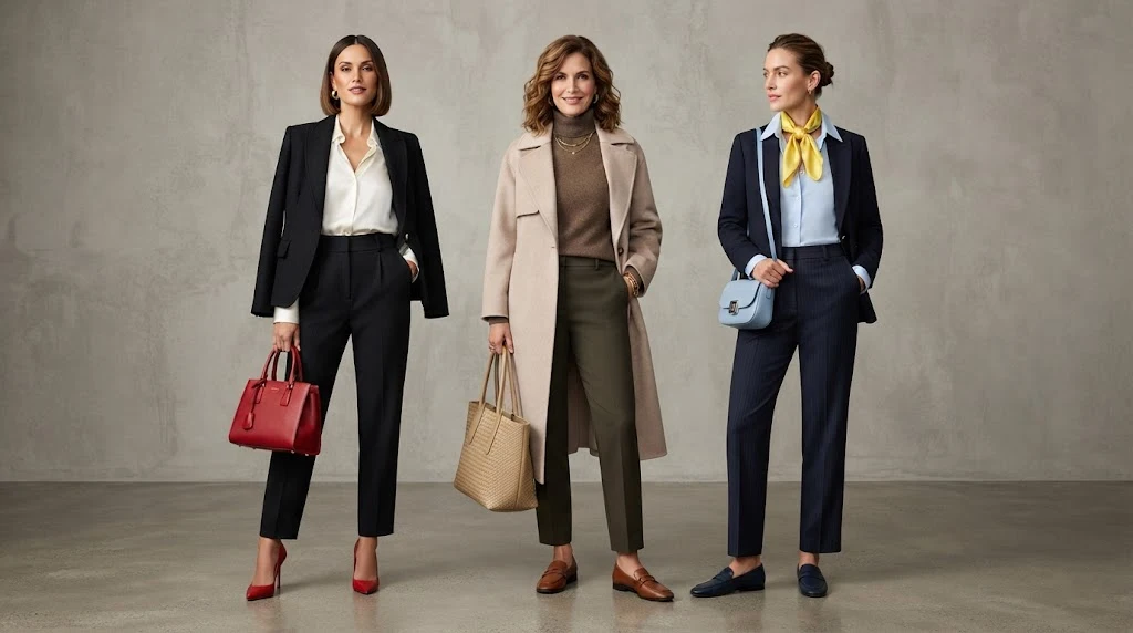 Fashion outfits showing different three-color combinations