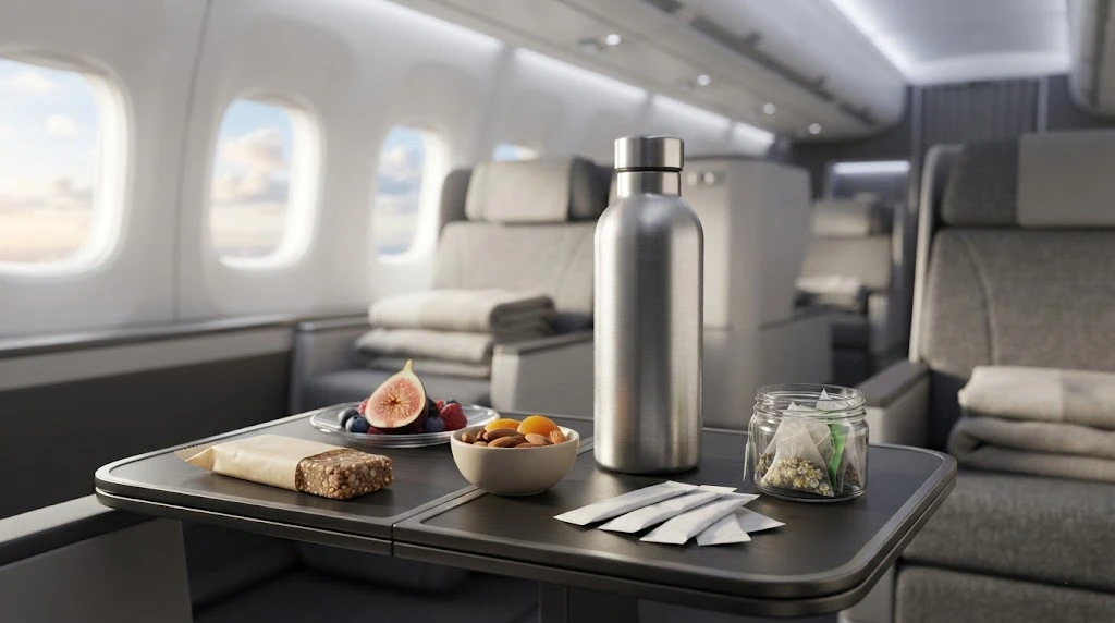 Reusable water bottle and healthy travel snacks for flight hydration