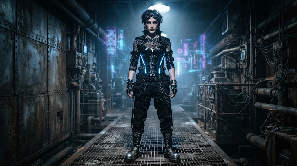 Industrial goth wearing military-inspired clothing PVC and metal accessories