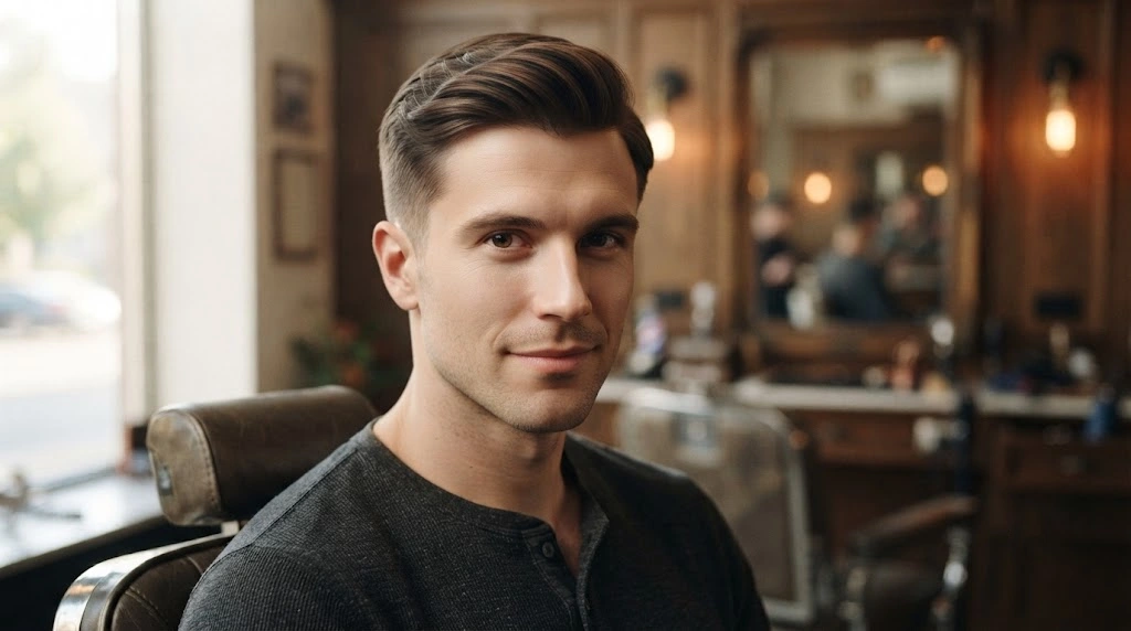 Ivy League haircut with side styling for an oblong face