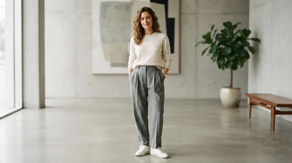 Knit sweater pleated pants and sneakers 80s outfit