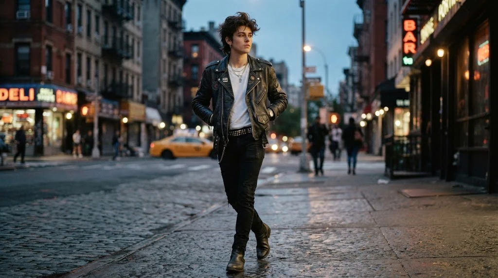 Leather jacket and black jeans 80s inspired outfit