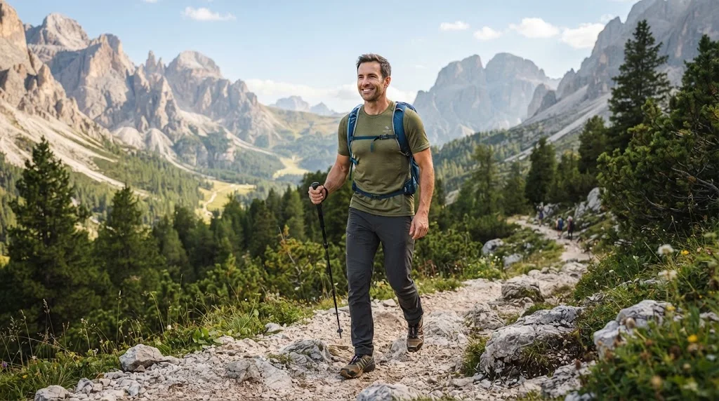 Man wearing a lightweight moisture-wicking hiking shirt
