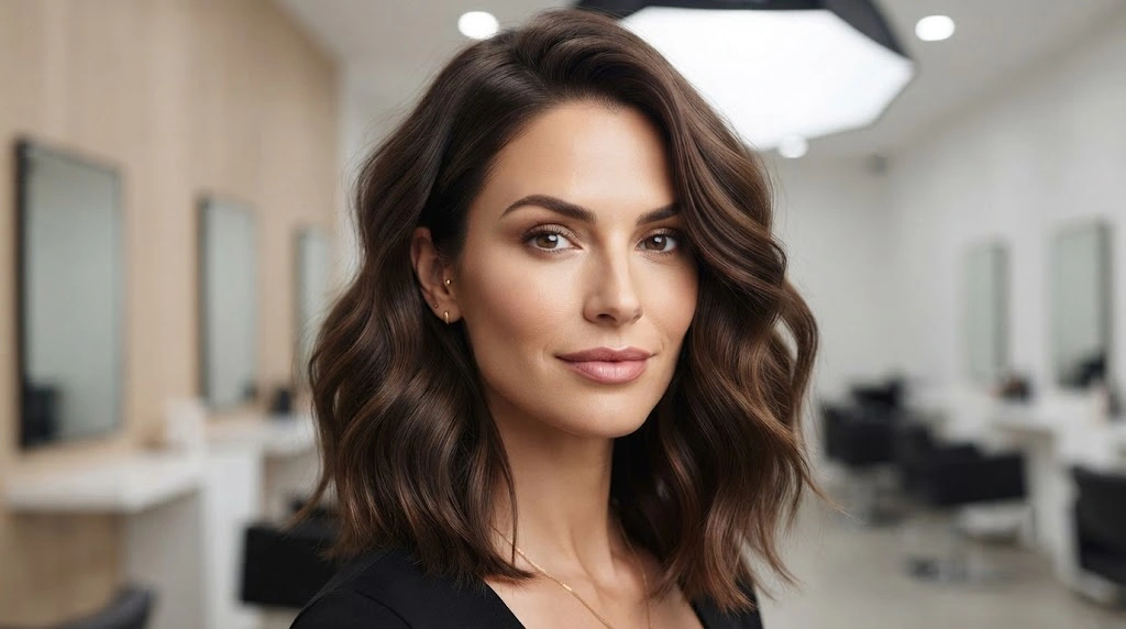 Long bob haircut with soft waves for an oblong face