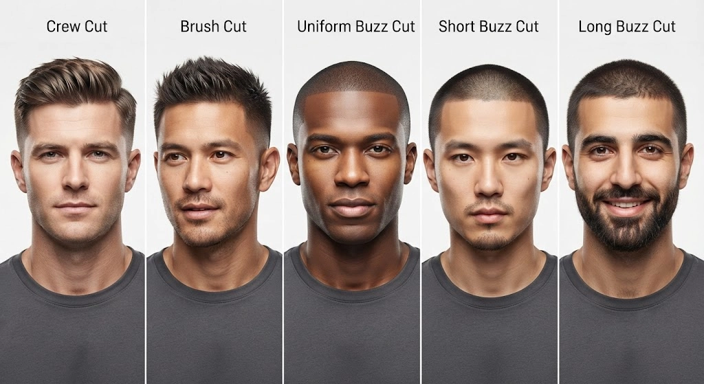 Crew cut, brush cut, short buzz cut, and long buzz cut comparison