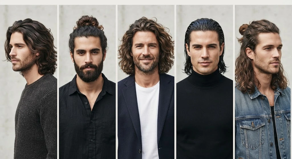 Long hairstyles for men with thick hair including waves and man buns