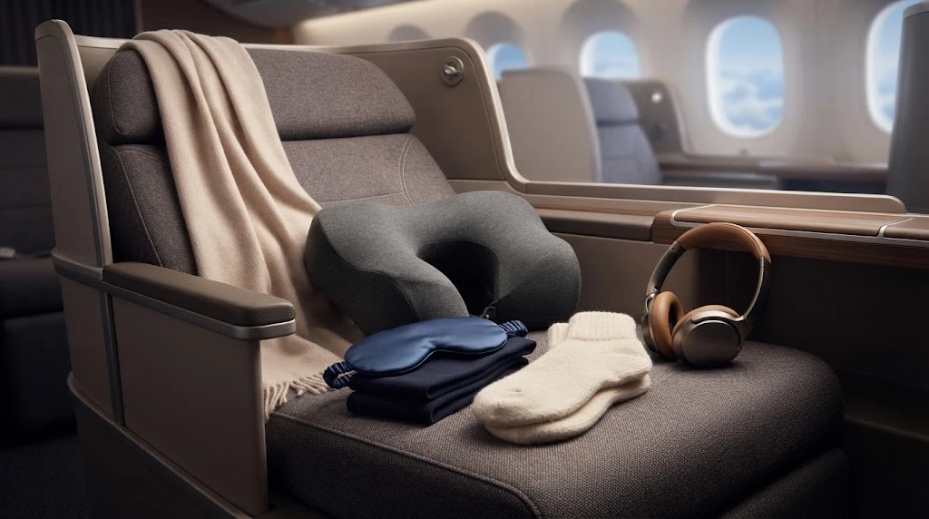 Comfort items for a long-haul flight including scarf and neck pillow