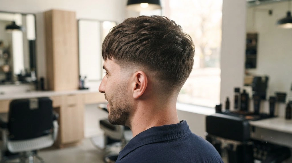 Low fade haircut that keeps side width for an oblong face