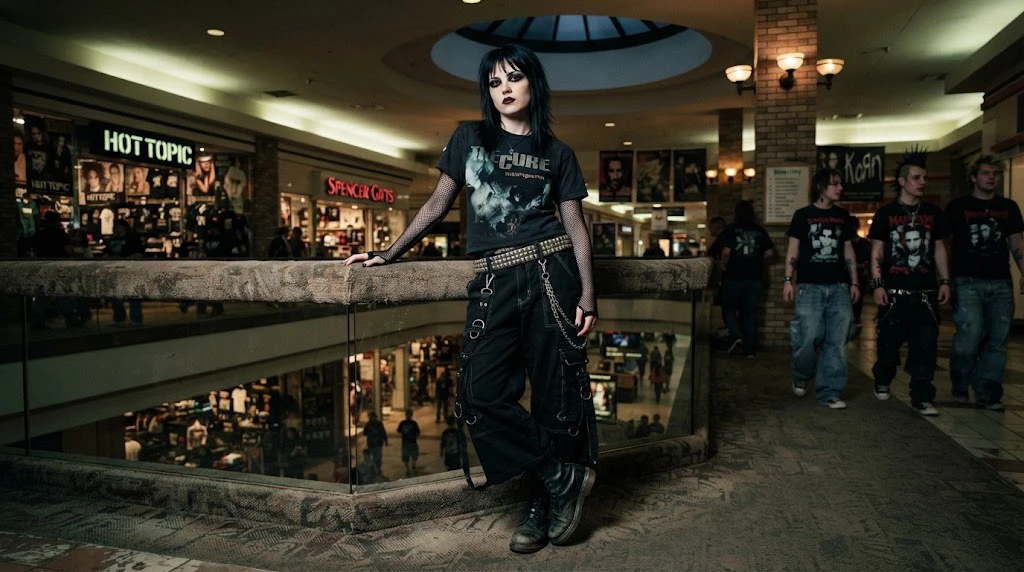 Early 2000s mall goth outfit with band shirt chains and combat boots
