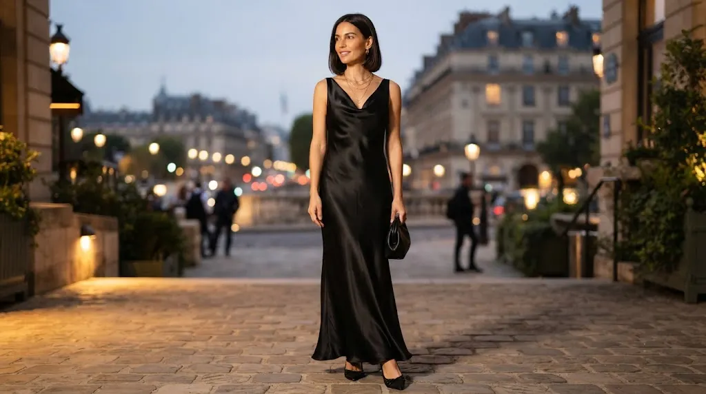 Black cowl-neck Margot maxi dress styled with gold jewelry