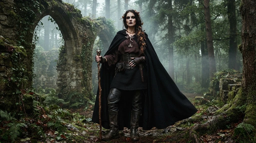 Medieval goth outfit with flowing cloak leather boots and natural fabrics