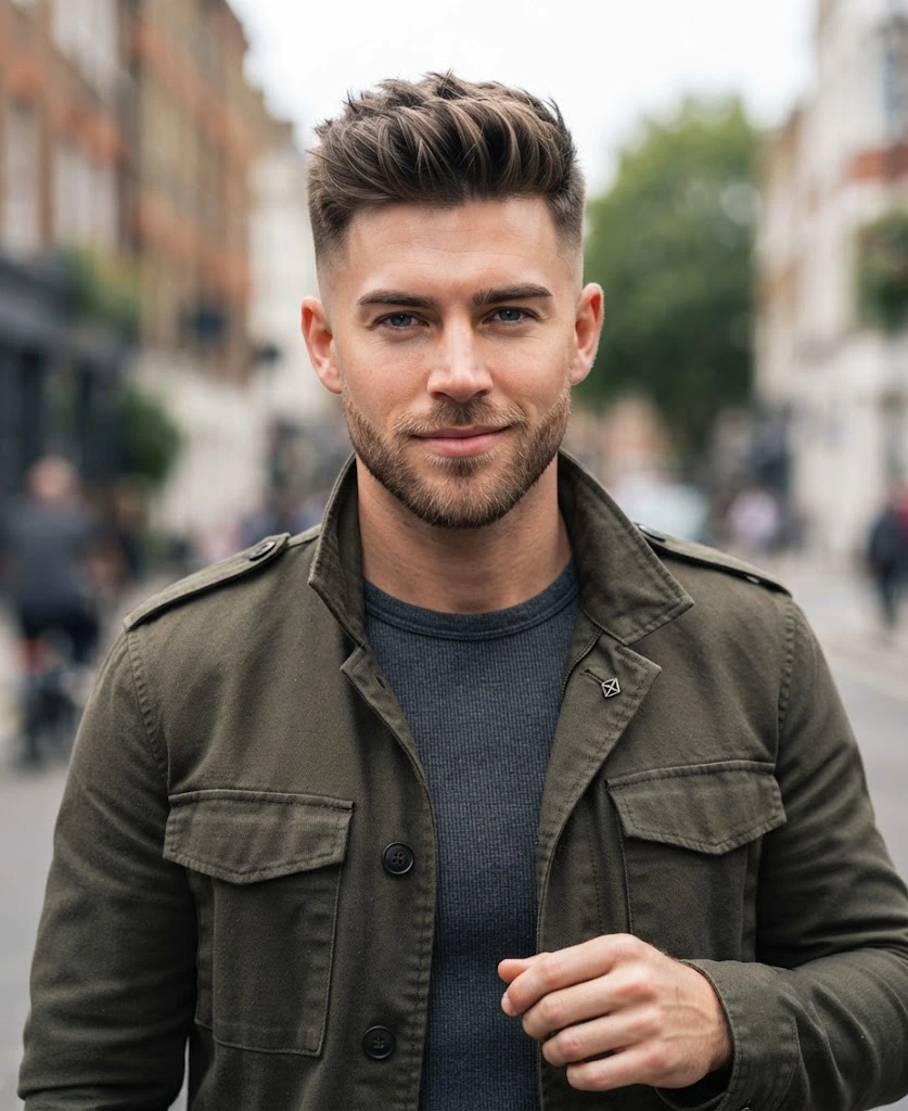 Mid fade with brush top haircut