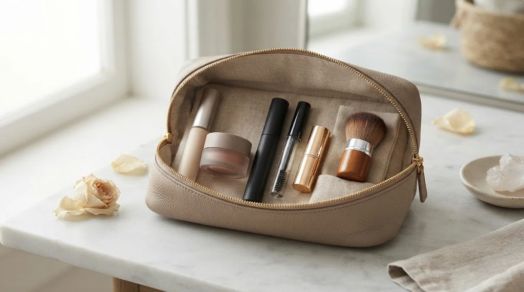Minimal travel makeup kit with multitasking beauty products