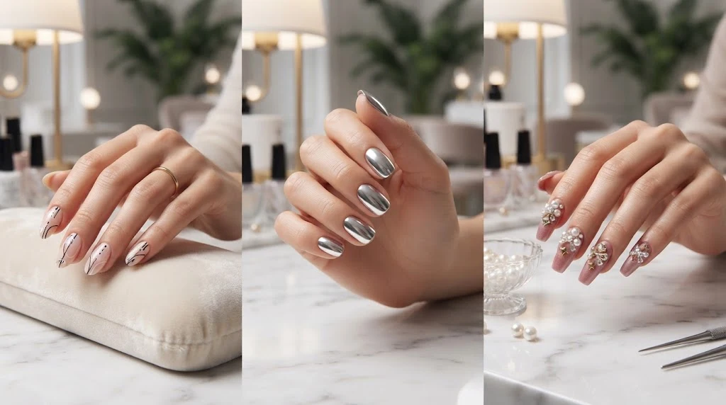 Minimal chrome and 3D embellished nail art designs