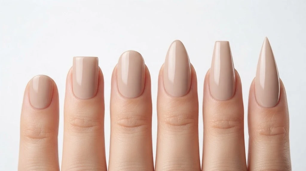 Comparison of round square oval almond coffin and stiletto nail shapes