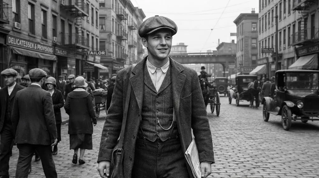Young man wearing a traditional 1920s newsboy cap
